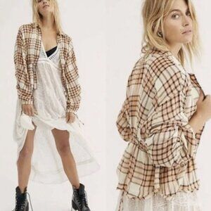 We The Free Pacific Dawn Women's Plaid Shirt Top Button Front Peach Size Large
